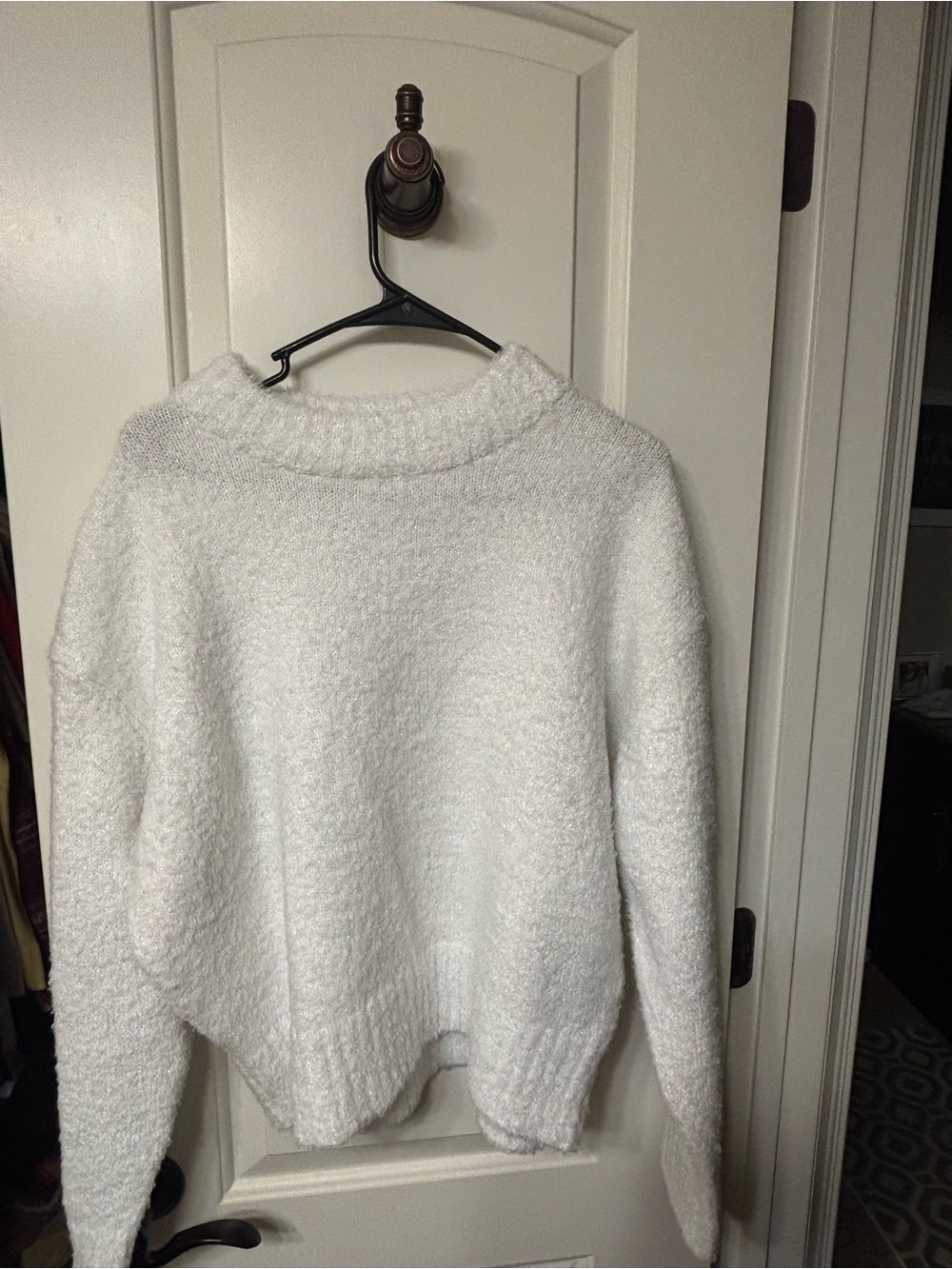 Women's White Bouclé Crewneck Sweater - Cozy Everyday Pullover